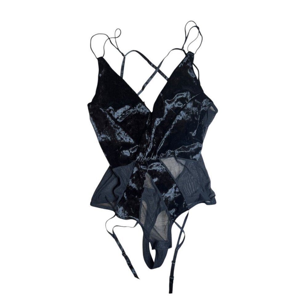 Bodyrage Black Velvet & Mesh Sheer Bodysuit - Size Petite Small